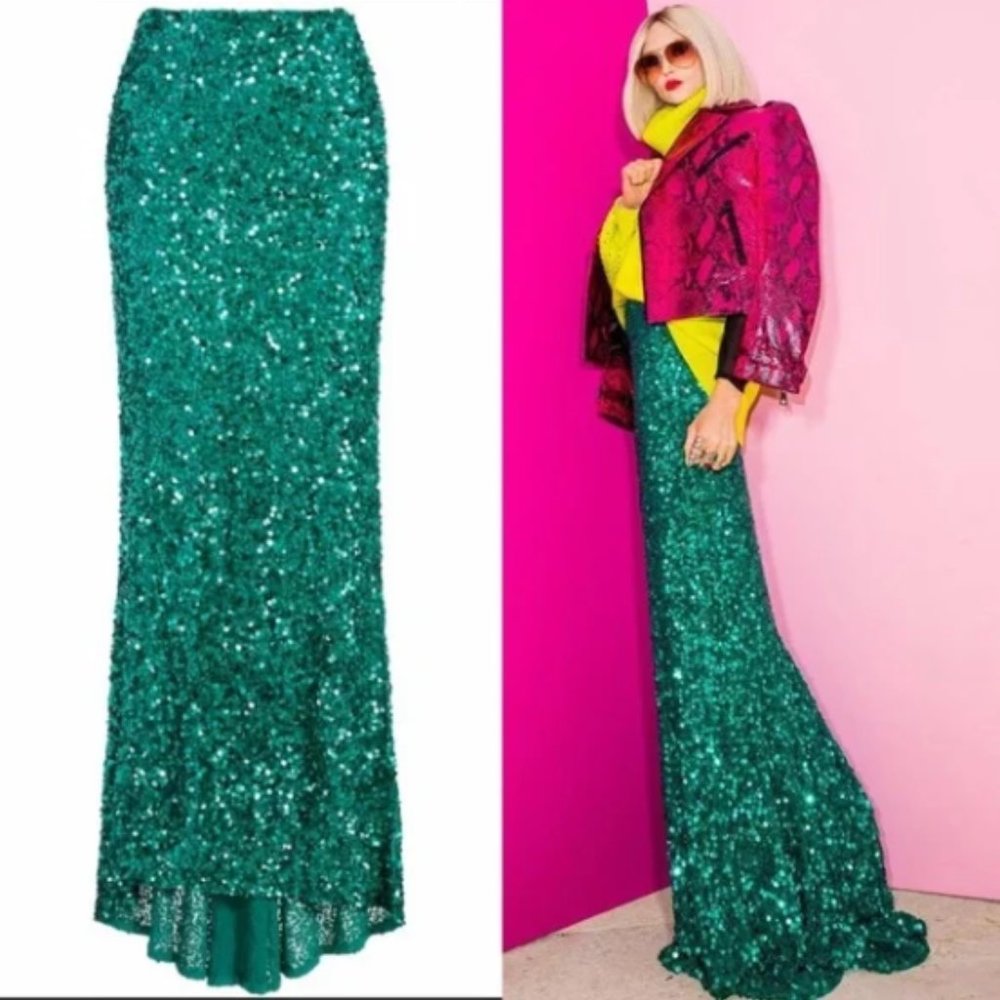 Alice + Olivia Emerald Green Sequins Mermaid Maxi Skirt